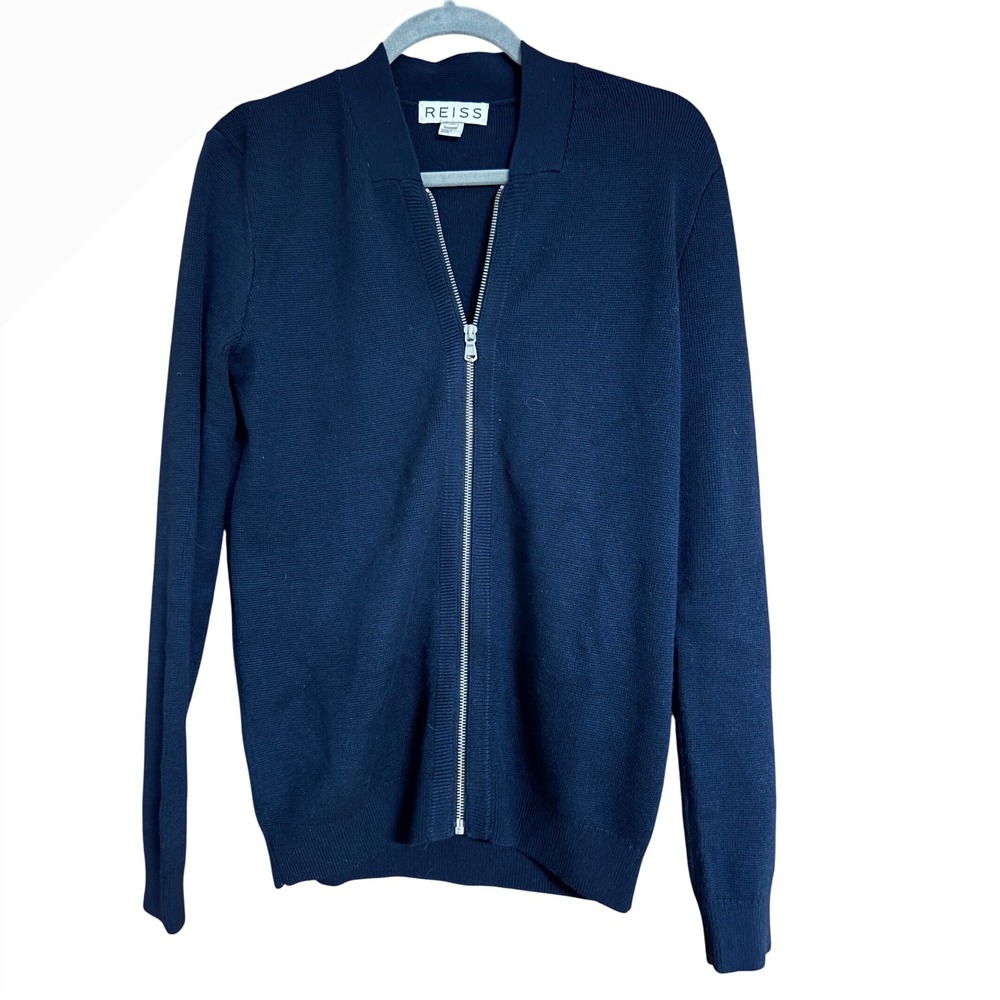 Reiss Charleston Navy Blue Full Zip Wool Blend Knit Cardigan Sweater Mens XS